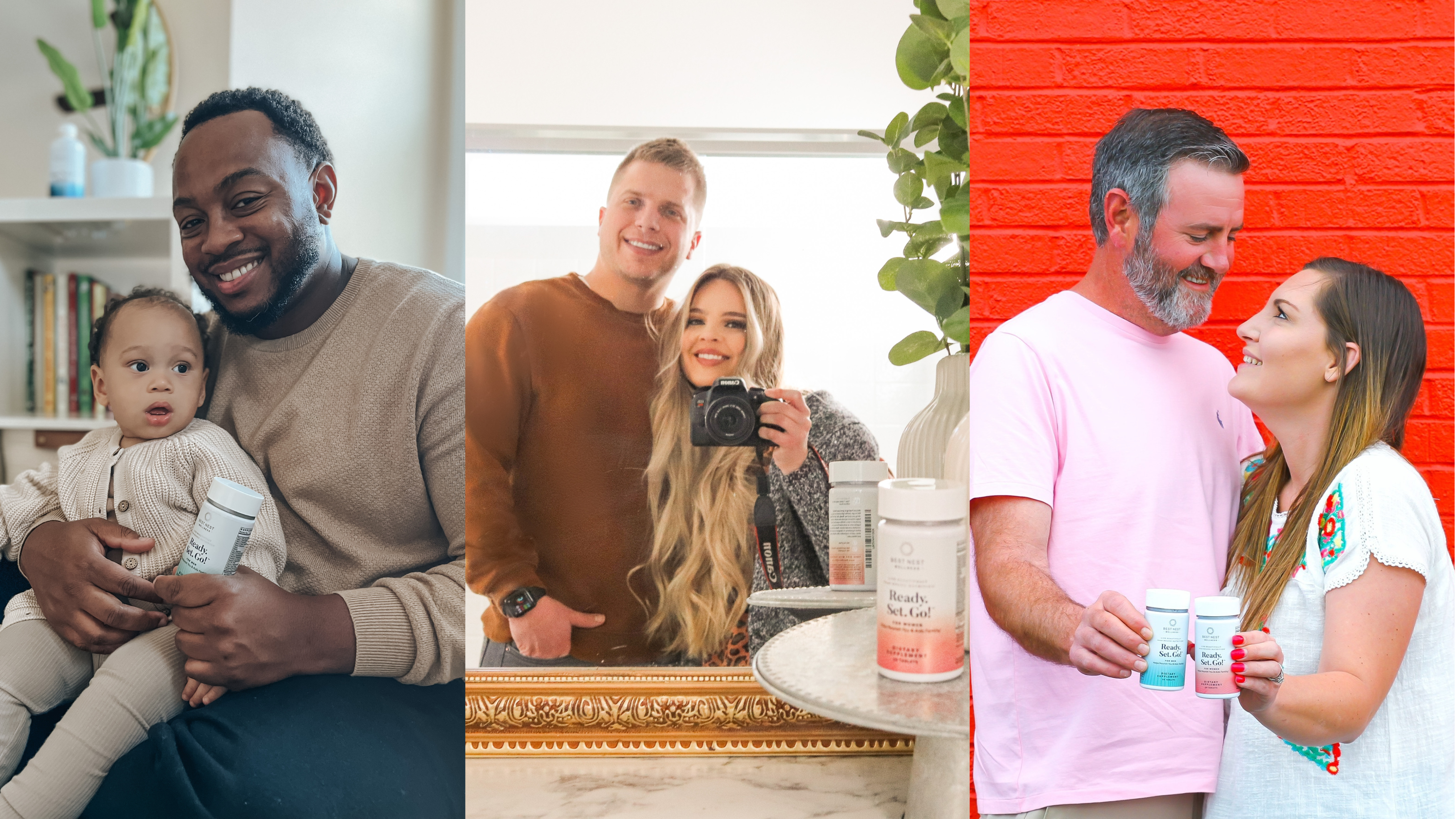 A collage showing various scenes: men and women taking selfies, holding bottles, a man with a baby, and a couple with cups.