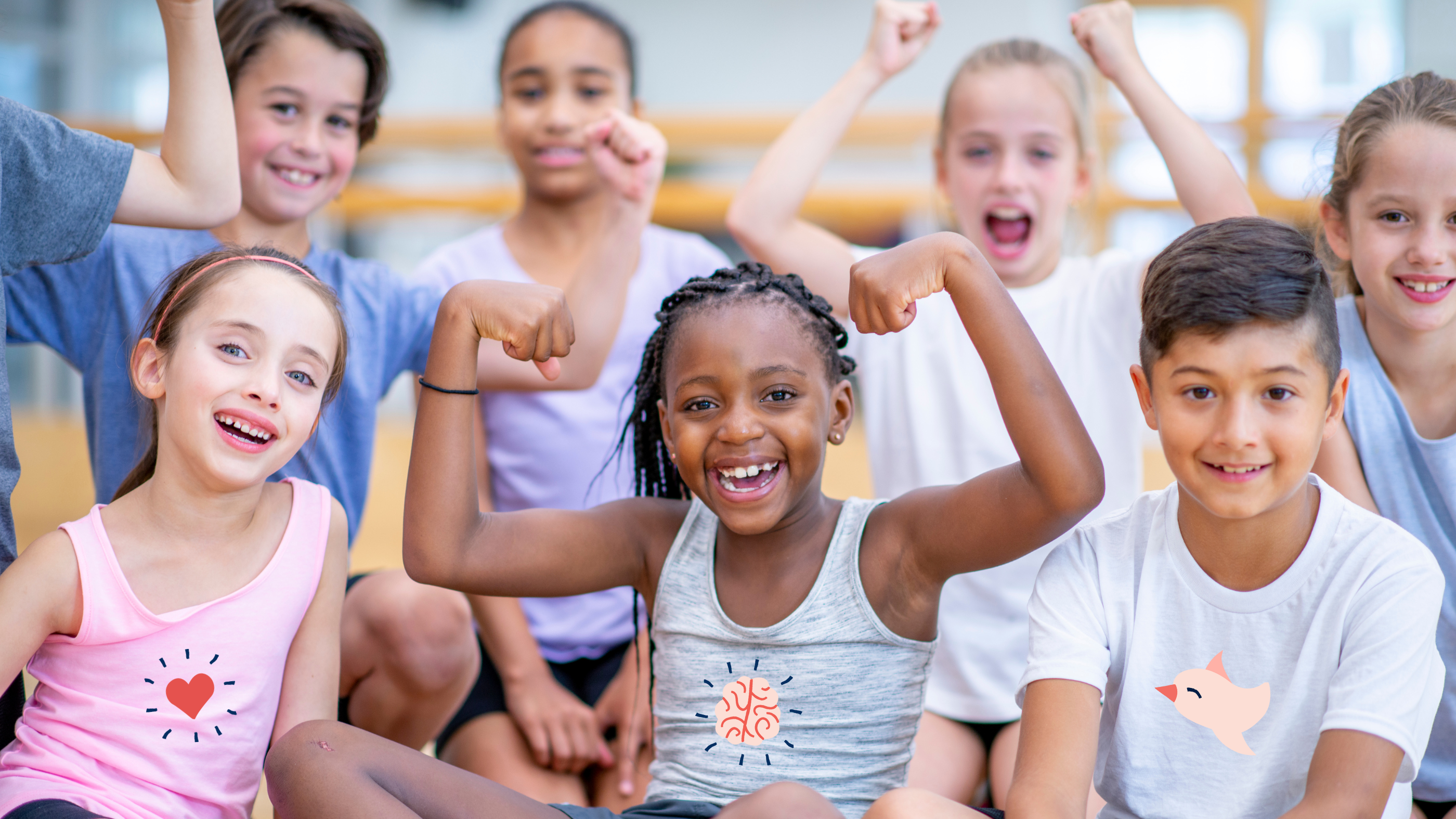 A group of kids, smiling and flexing their arms, with a girl in the center wearing a shirt featuring a pink and blue brain.