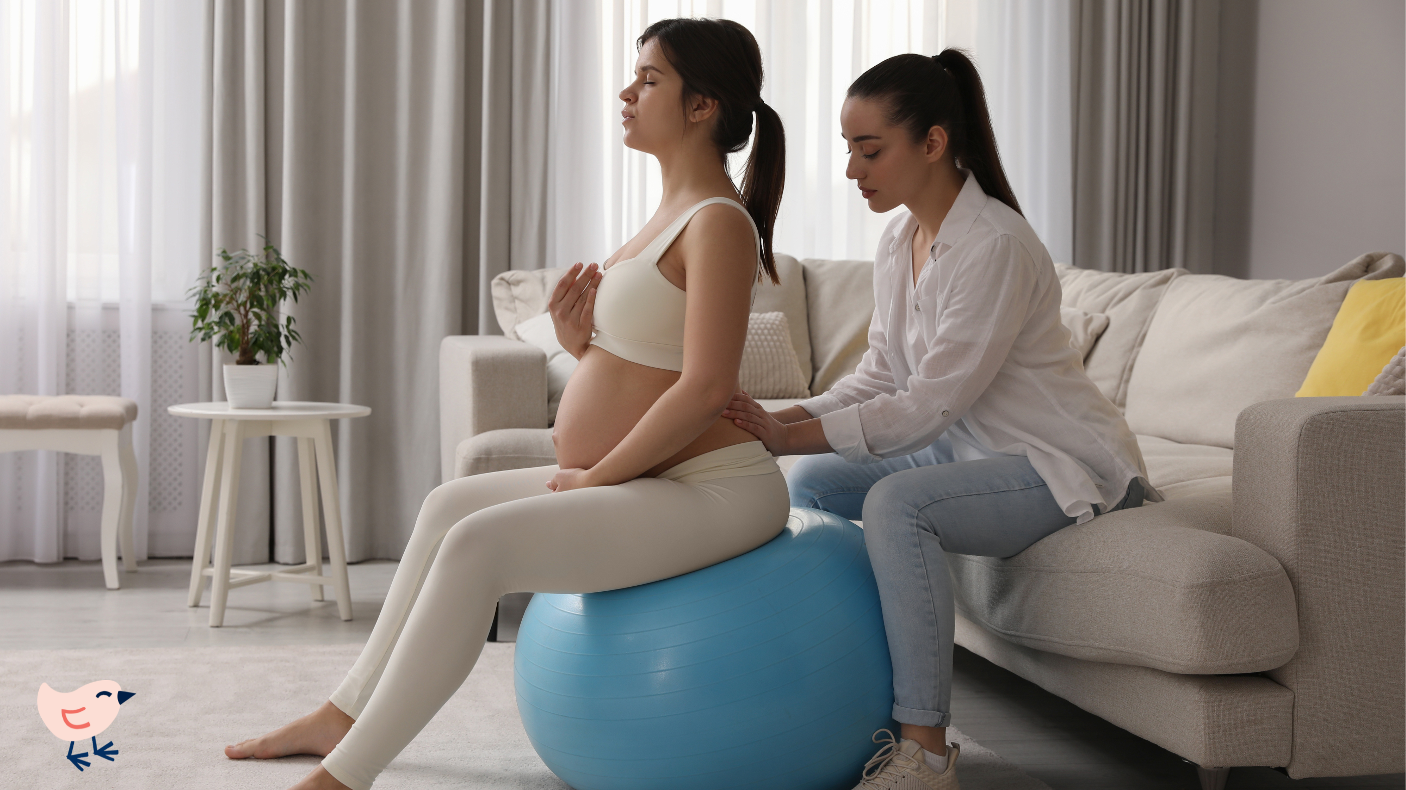 A pregnant woman in a white shirt sits on a blue exercise ball, hands on her belly, with a plant in a white pot nearby.