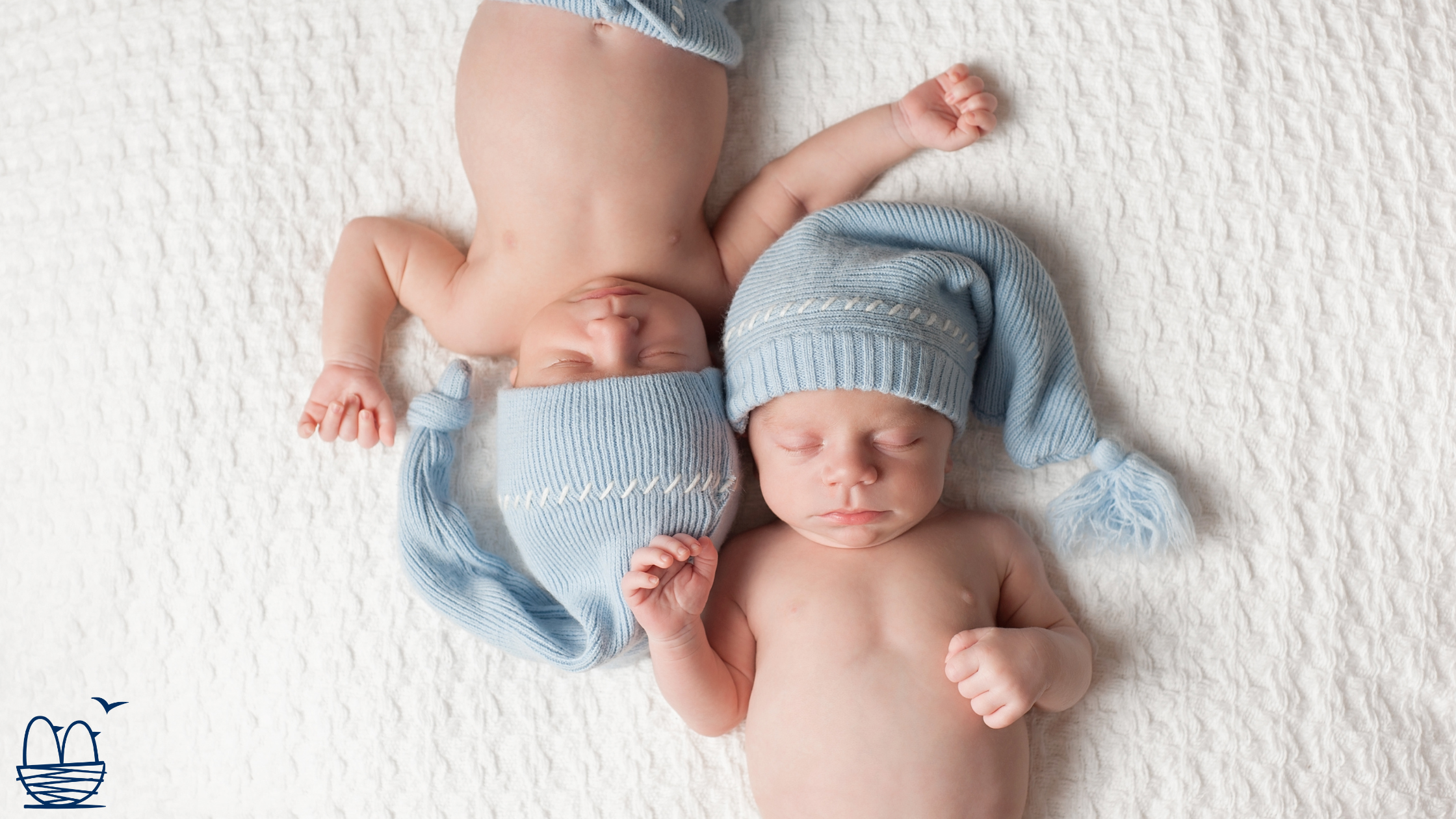 Two babies wearing hats, lying on a blanket, with one close-up of a baby's face visible.