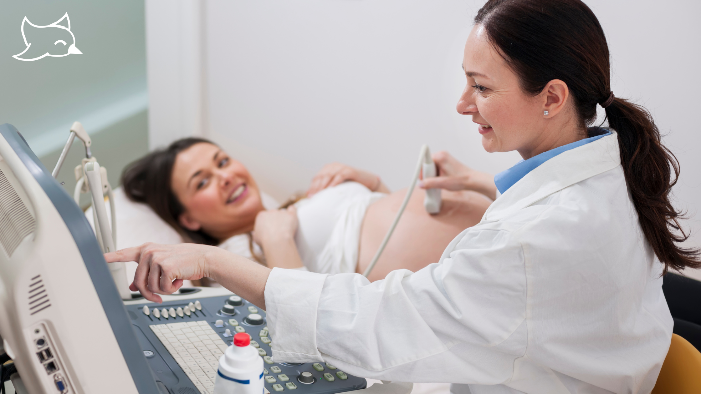A healthcare provider performing an ultrasound on a pregnant woman lying in bed, with medical equipment visible in the background.