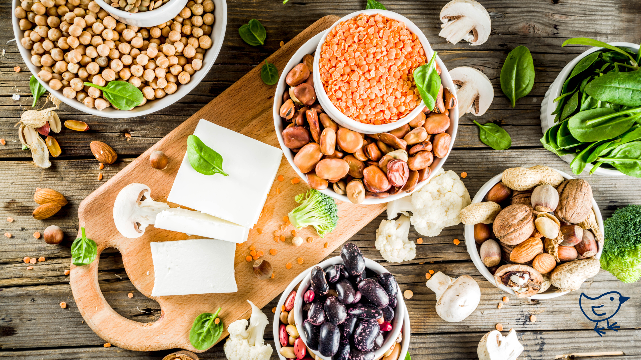Bowls of various beans, lentils, chickpeas, and nuts on a wooden surface, accompanied by spinach leaves and a broccoli.