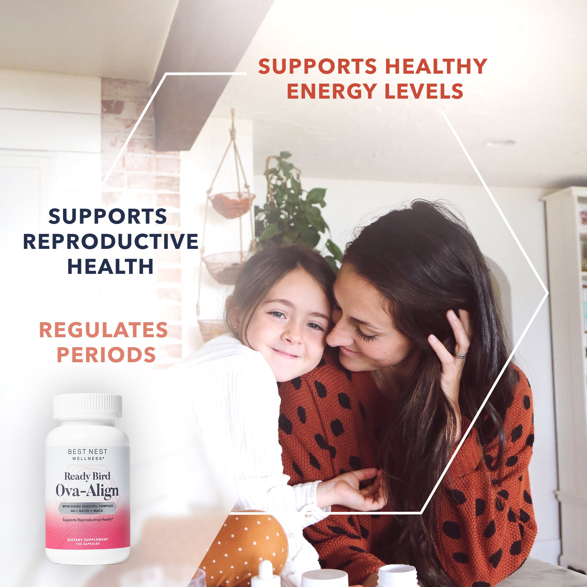 A woman and child with Ova-Align Inositol Complex bottle, red and white label, promoting hormonal balance with Maca.