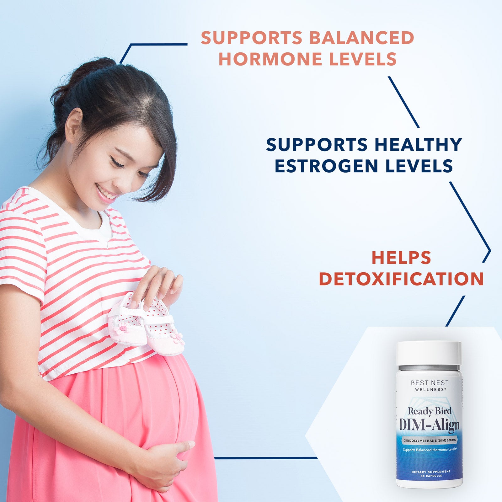 A pregnant woman holding baby shoes next to a white bottle with a blue label, representing DIM-Align hormone balancing formula for fertility support.