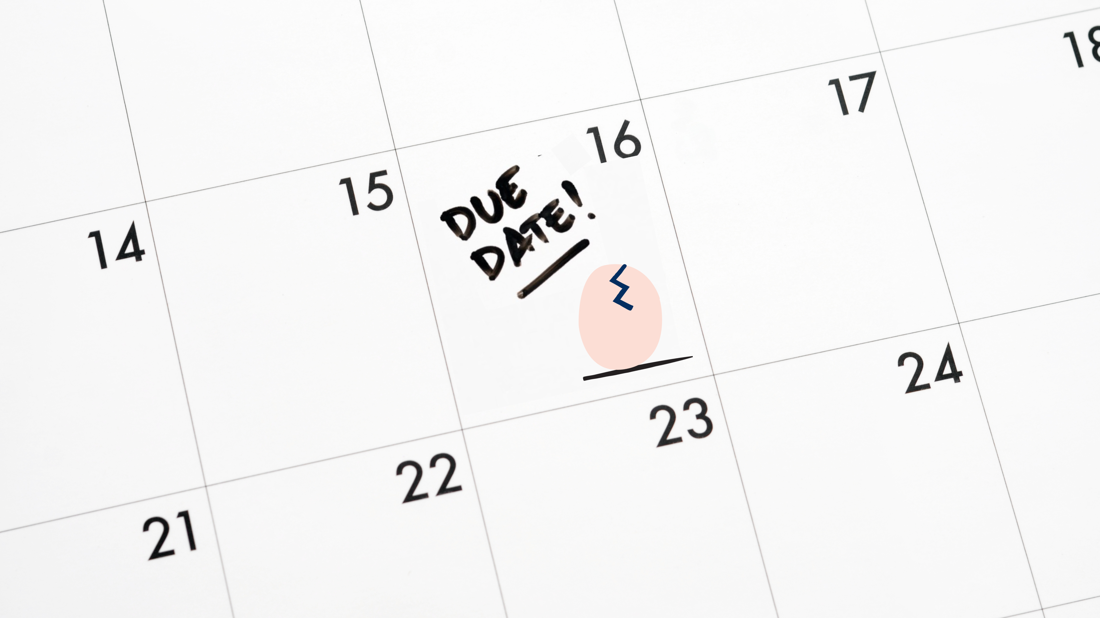 A calendar with a handwritten date, a cartoon egg, and a black number on a white background.