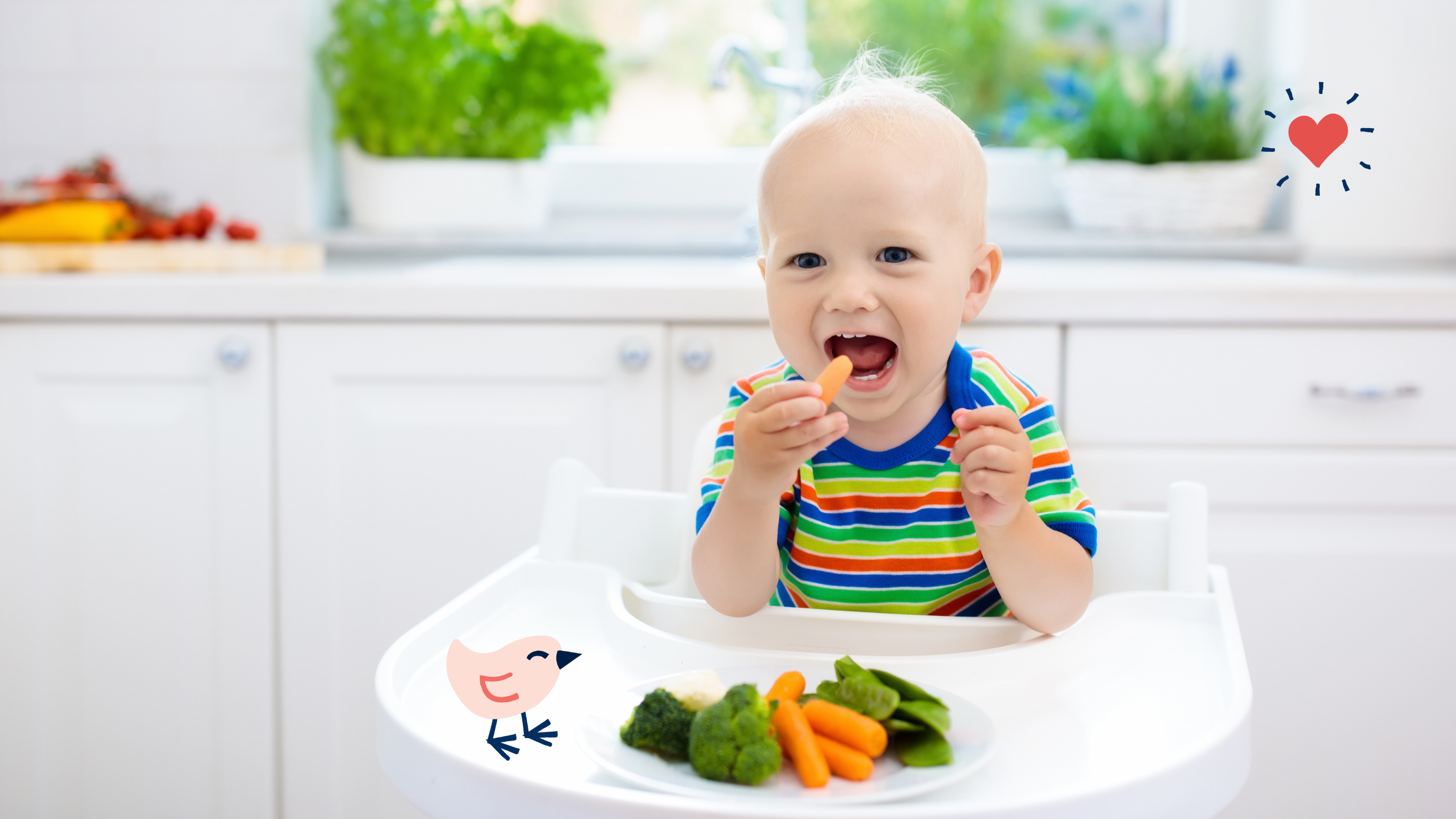 A baby boy in a highchair eating a carrot.