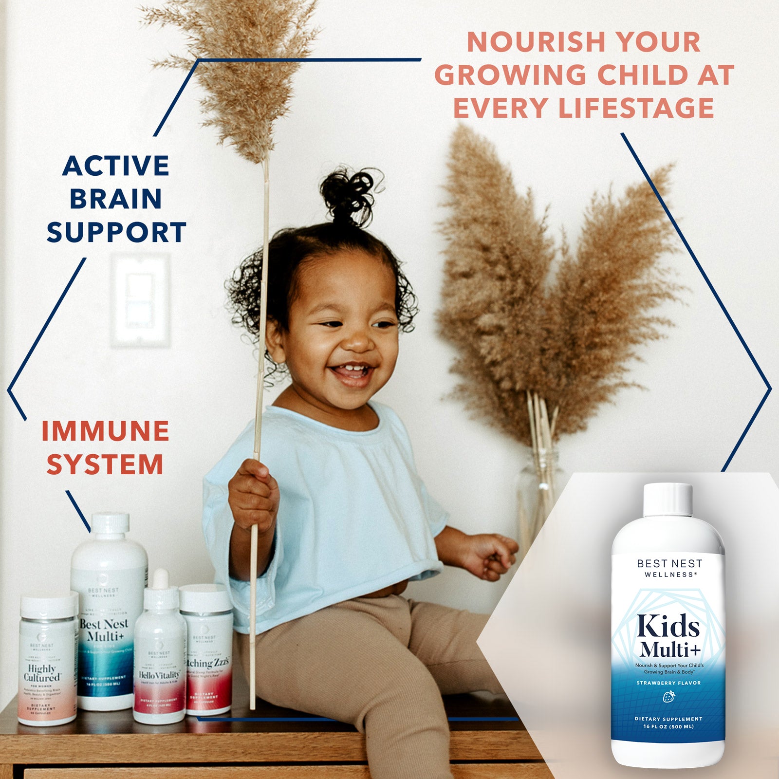 Child sitting on a table with plants, holding a bottle labeled Kids Multi+ Strawberry, a premium liquid multivitamin for brain health.