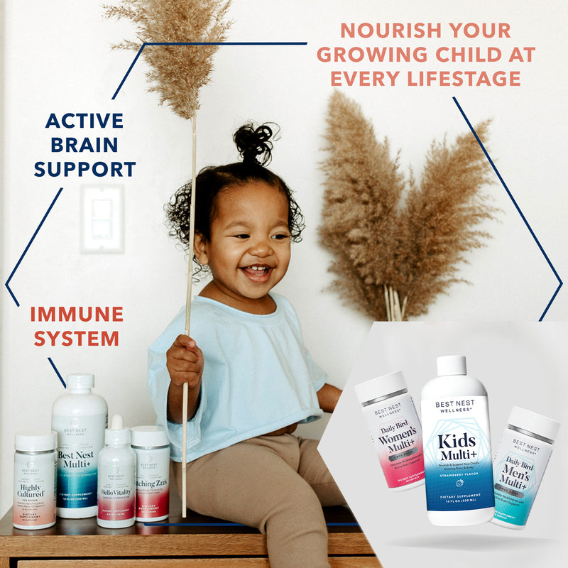 Child sitting at table with Family Bundle multivitamins bottles, promoting brain development, energy, and overall wellness for women, men, and kids.
