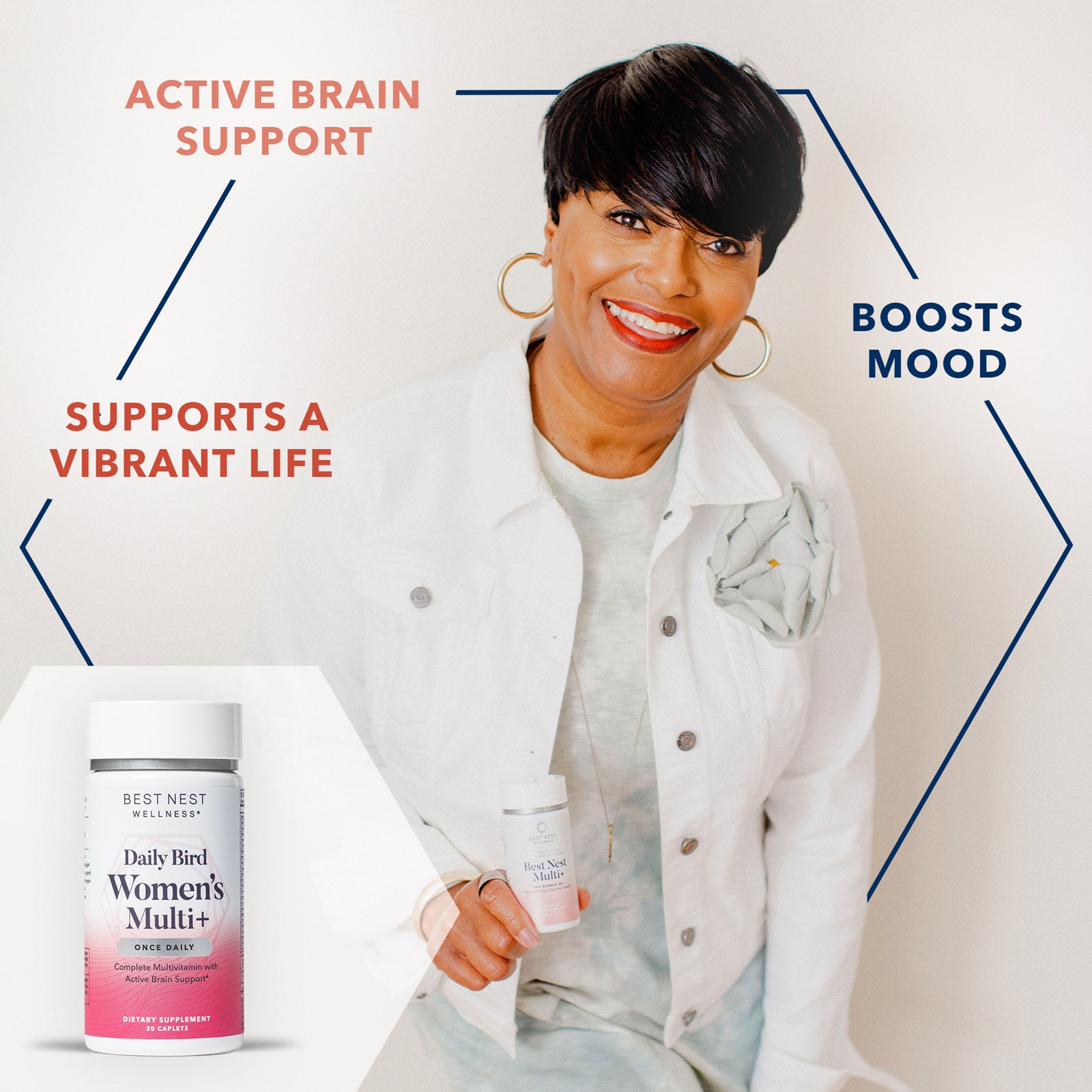 Woman smiling and holding a bottle of Women's Multi+ multivitamin, featuring a white label with black text.