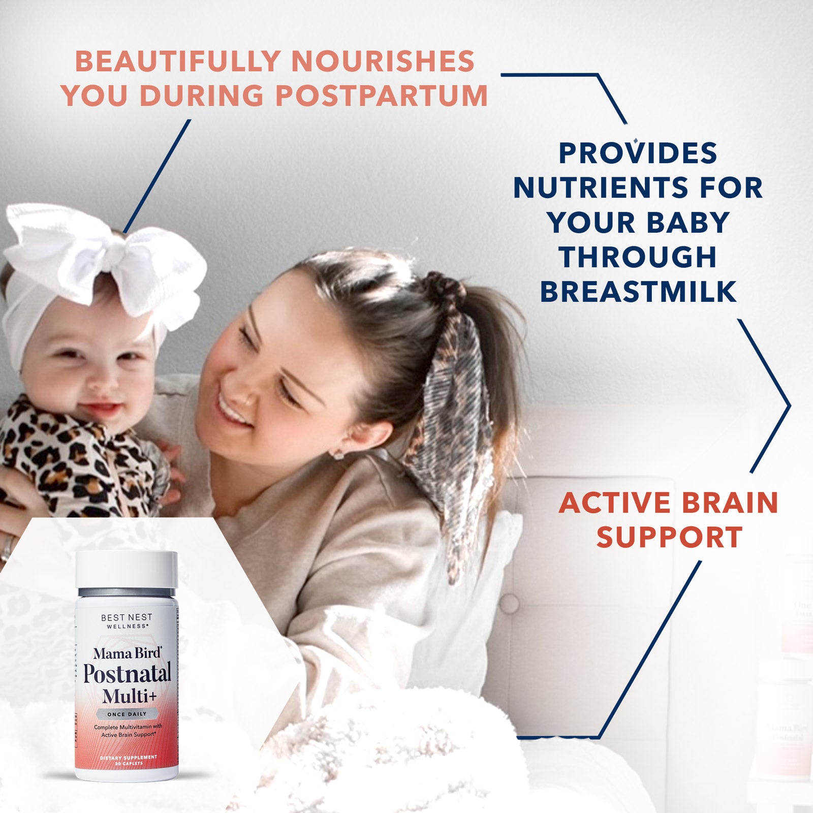 Woman holding baby with white bow, smiling. Mama Bird Postnatal Multi+ bottle in foreground, designed for postpartum and breastfeeding support.