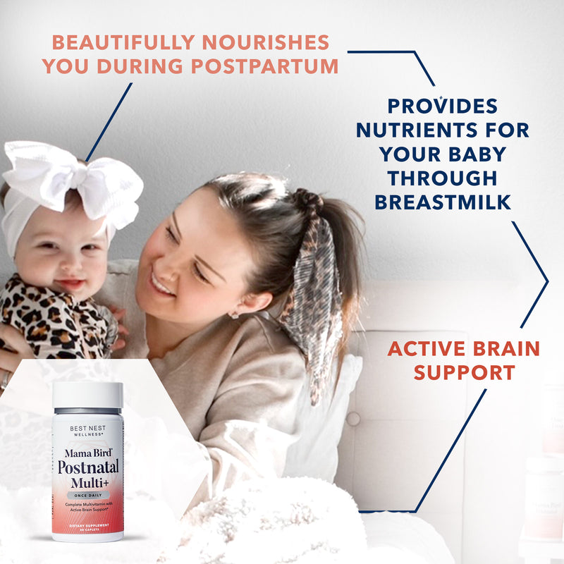 Woman holding baby with white bow, smiling. Mama Bird Postnatal Multi+ bottle in foreground, designed for postpartum and breastfeeding support.