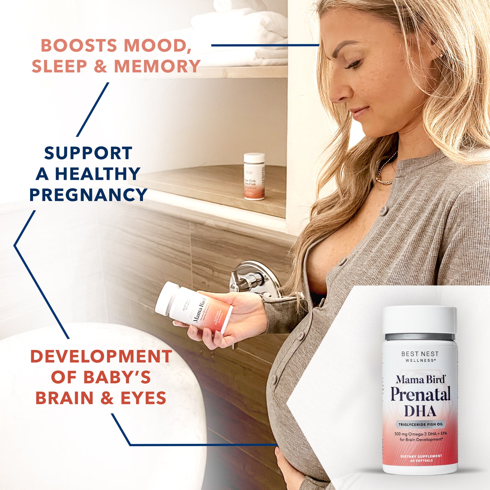 A woman holding Mama Bird Prenatal DHA bottle, promoting baby's brain development.