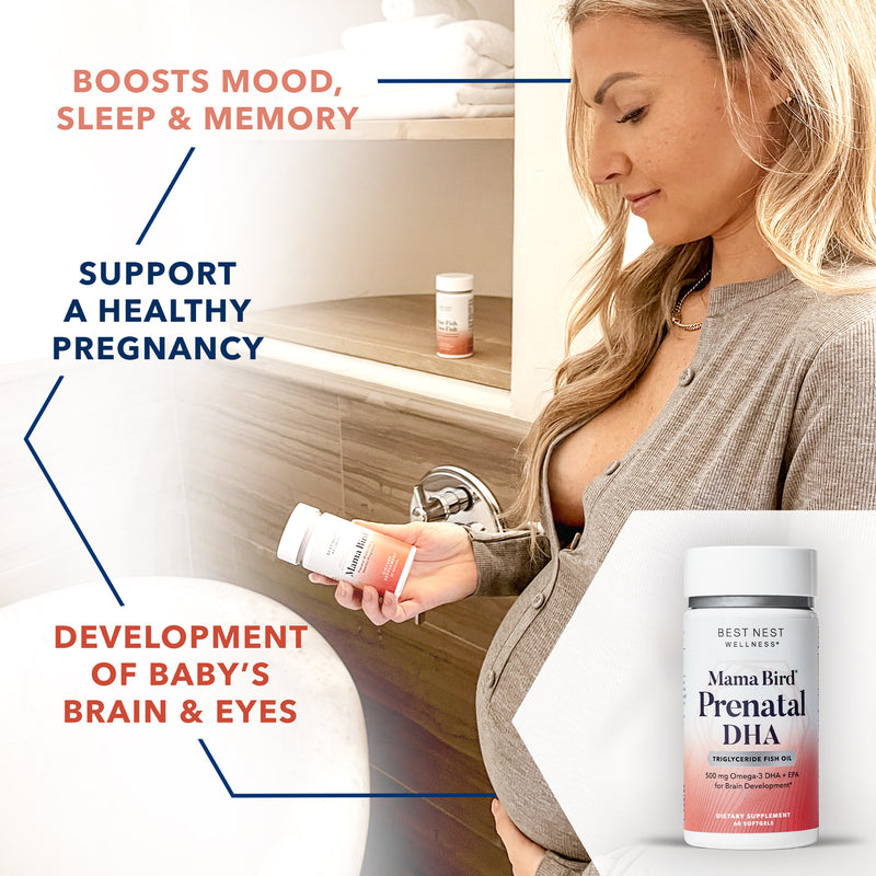 A woman holding Mama Bird Prenatal DHA bottle, promoting baby's brain development.