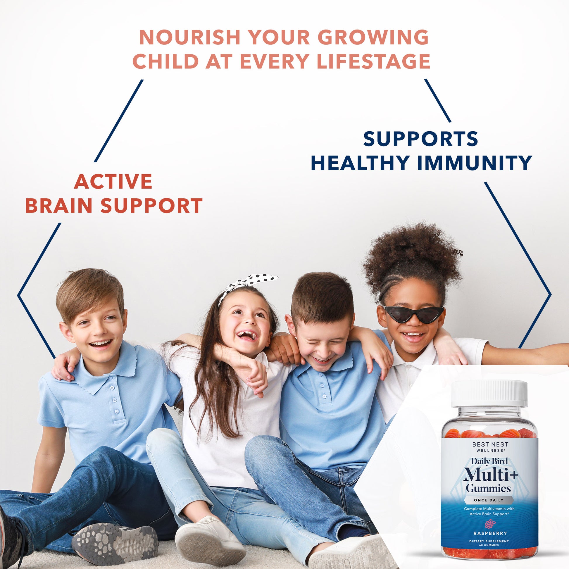Multi+ Gummies jar amidst children, emphasizing brain-focused methylated vitamins, highlighting the product's appeal for kids' health and well-being.