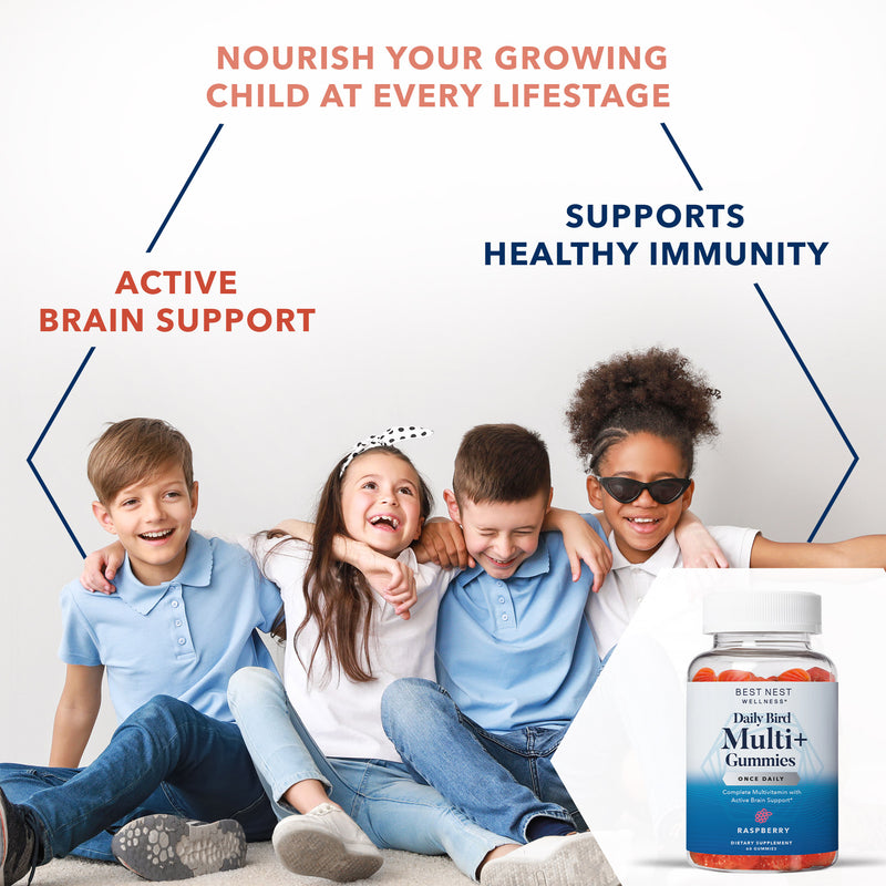Multi+ Gummies jar amidst children, emphasizing brain-focused methylated vitamins, highlighting the product's appeal for kids' health and well-being.