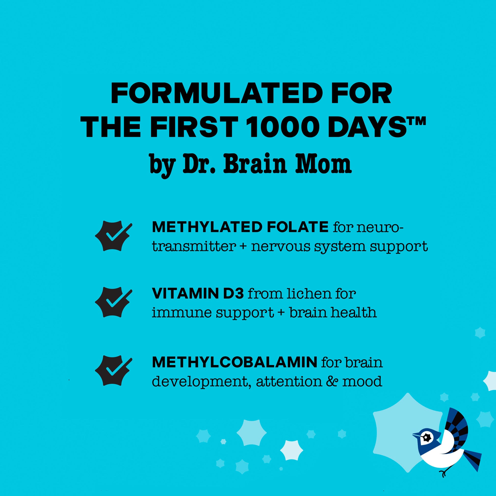 Product description for 'Formulated for the First 1000 Days' by Dr. Brain Mom on a blue background.