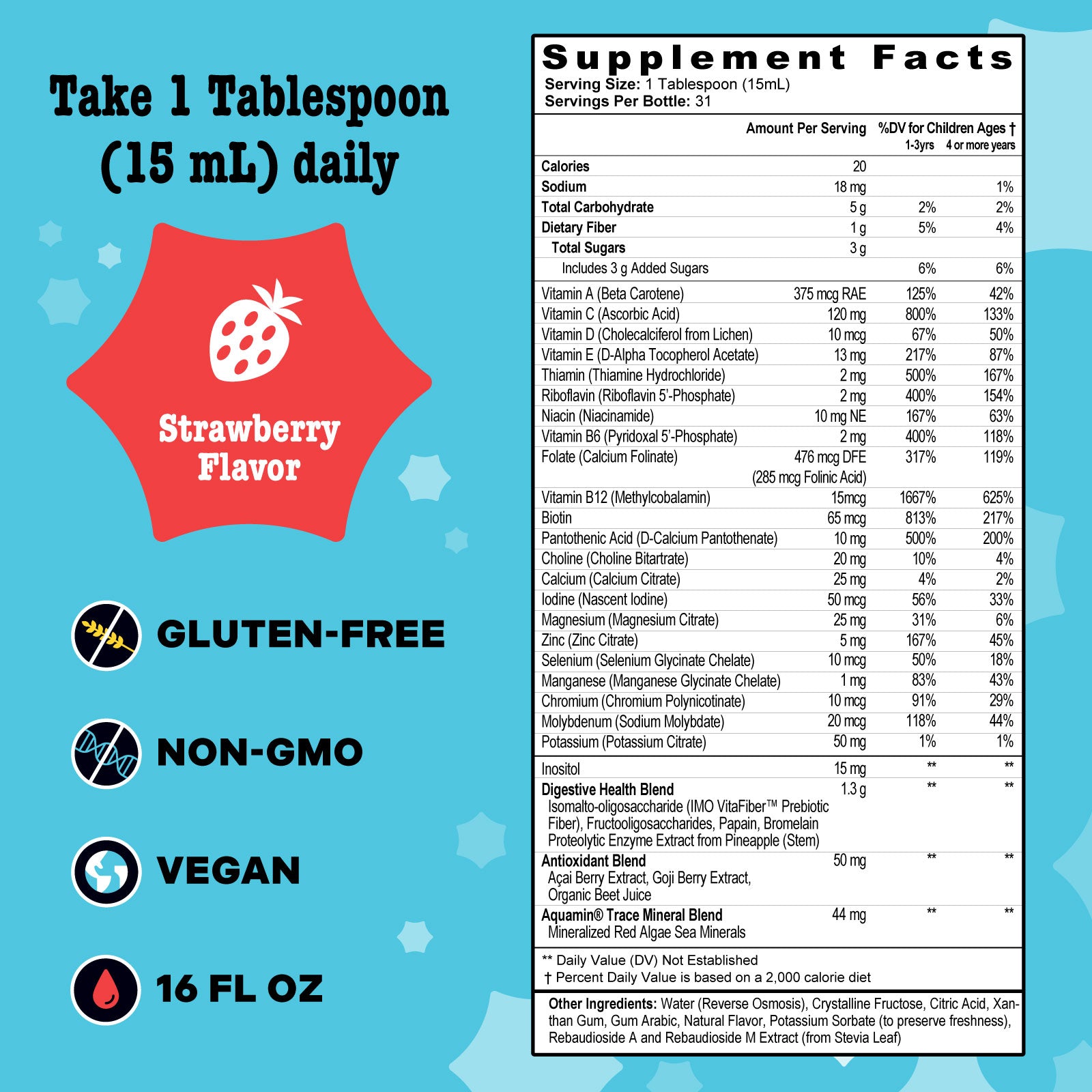 Kids Liquid Multi+ strawberry supplement label showing dosing, supplement facts, gluten-free, non-GMO, vegan seals, and proprietary blends supporting early brain growth and development.