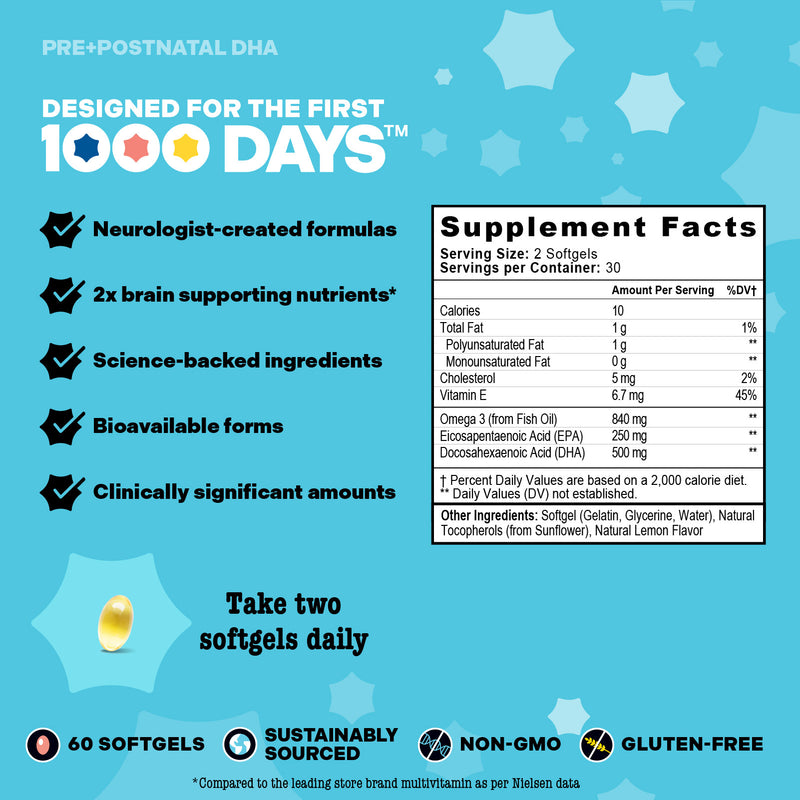 Pre+Postnatal DHA supplement with neurologist-designed formula, providing 500 mg DHA for brain development. Sustainably sourced, non-GMO, gluten-free, in 60 softgels.