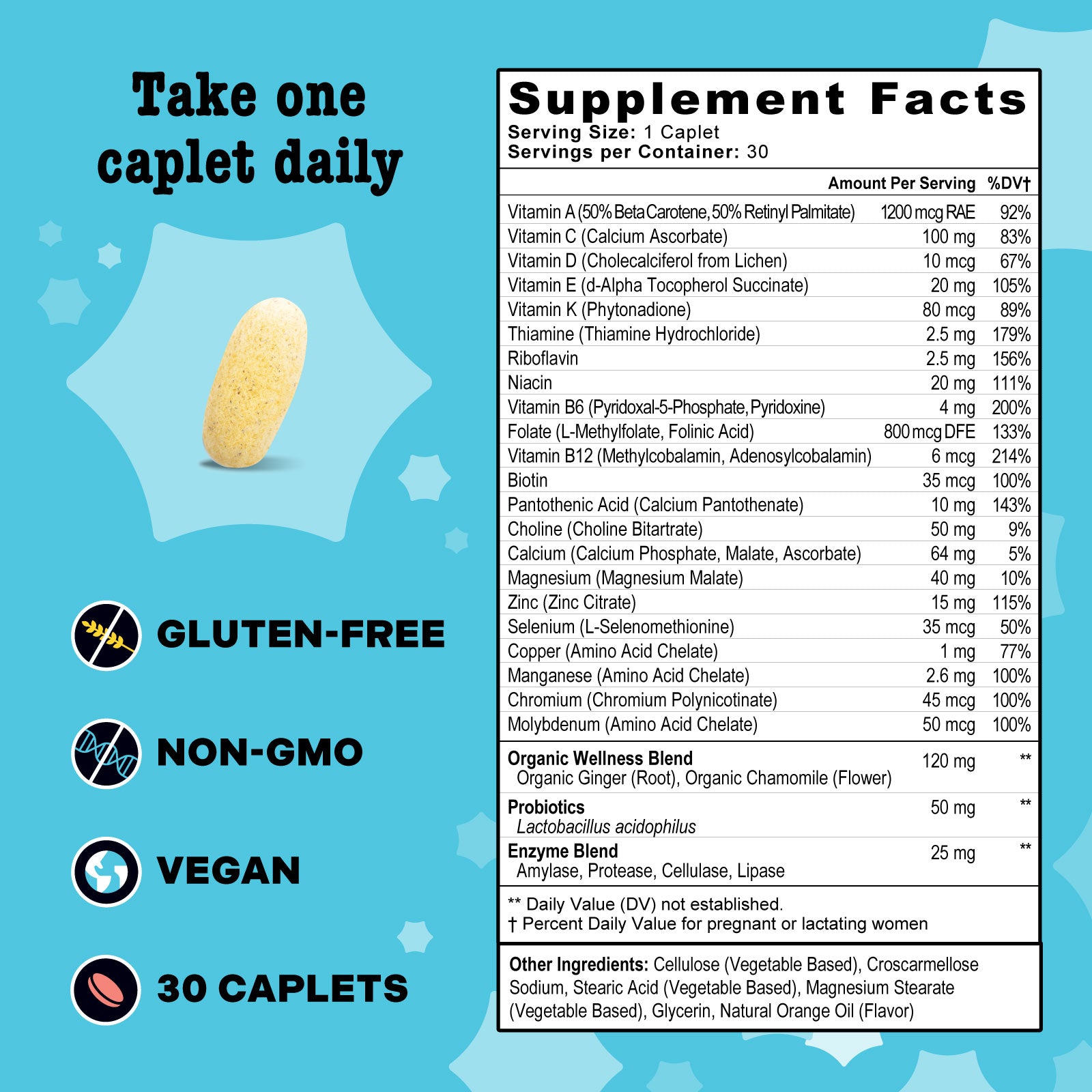 Prenatal Multi+ (Iodine & Iron Free Version) bottle label showing daily vegan multivitamin, gluten-free, non-GMO, with supplement facts, probiotics, and enzyme blends.