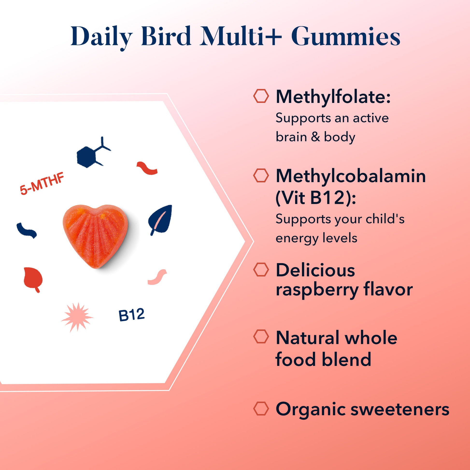 Close-up of Multi+ Gummies, heart-shaped candies, featuring advanced brain-focused methylated vitamins.
