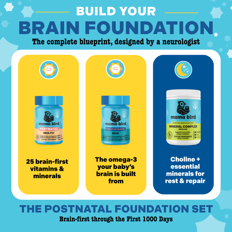 Image of what's in the Postnatal Foundation Set: Postnatal multivitamin, DHA, and choline+minerals.