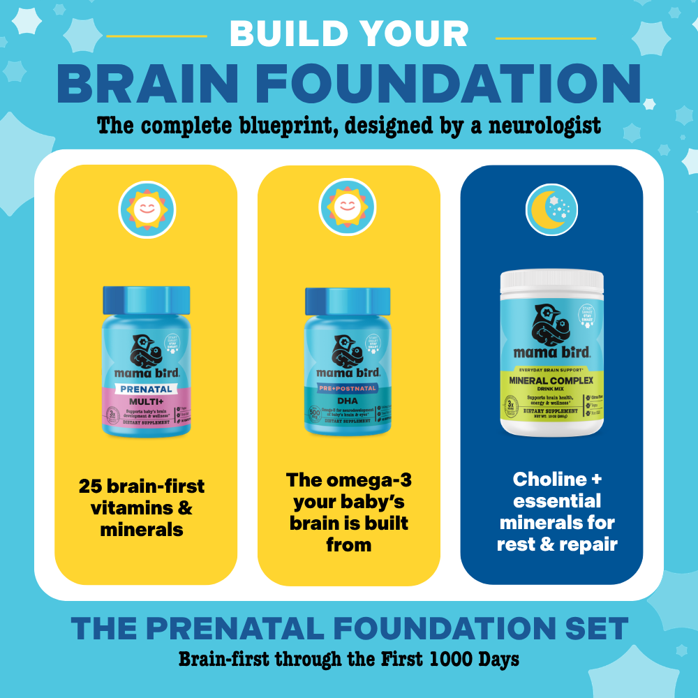 Advertisement for prenatal vitamins and mineral complex with text 'Build Your Brain Foundation' on a blue background.