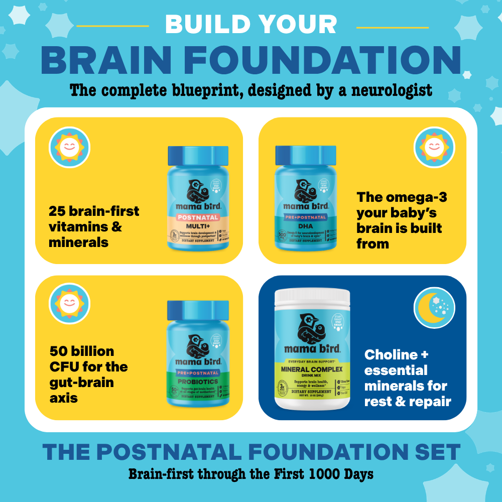 Image of what's in the Complete Postnatal Foundation Set: Postnatal multivitamin, DHA, probiotics, and Choline+minerals