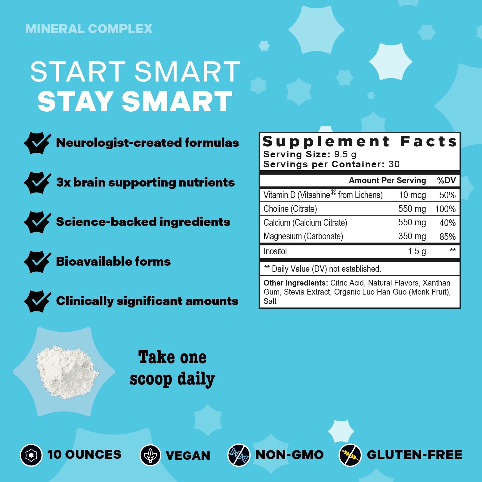 Mama Bird Choline + Minerals Supplement label with 'Start Smart Stay Smart' text on a blue background