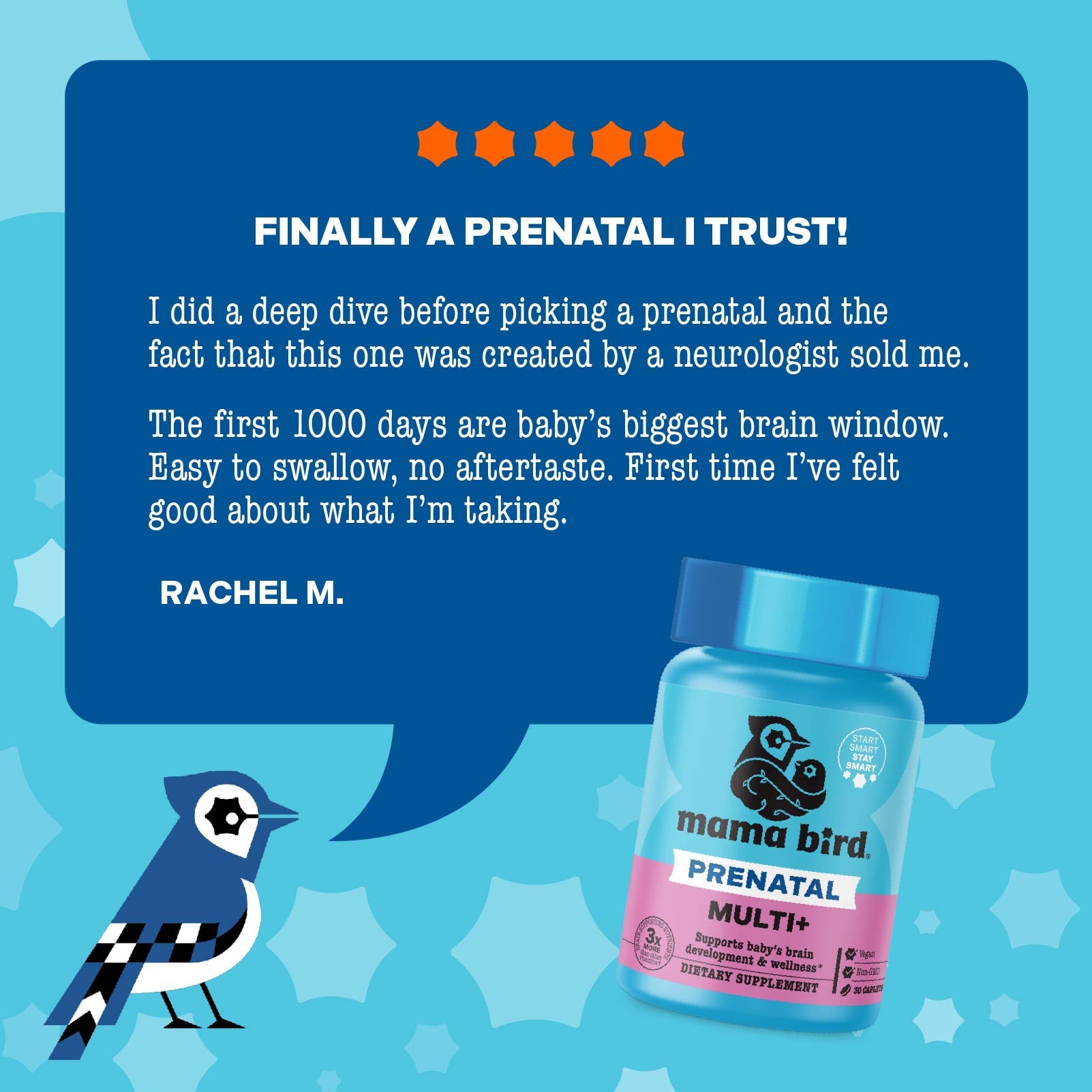Mama Bird prenatal supplement bottle with customer review on a blue background