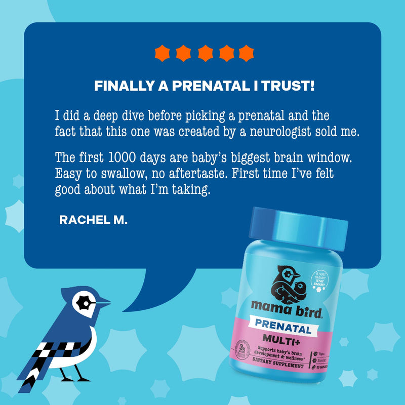 Mama Bird prenatal supplement bottle with customer review on a blue background