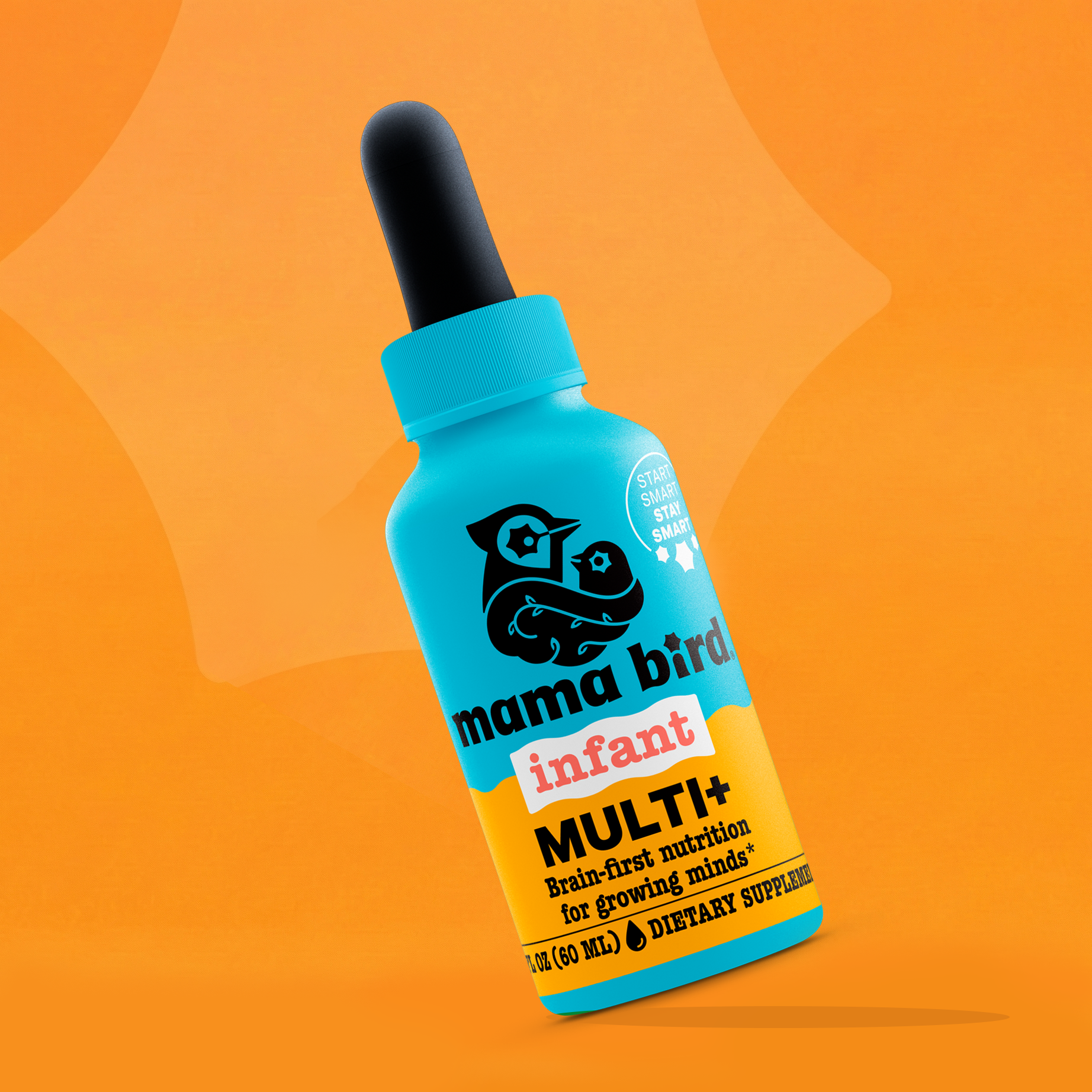 Blue product bottle labeled 'mama bird infant MULTI'  Brain First nutrition for growing minds on an orange background