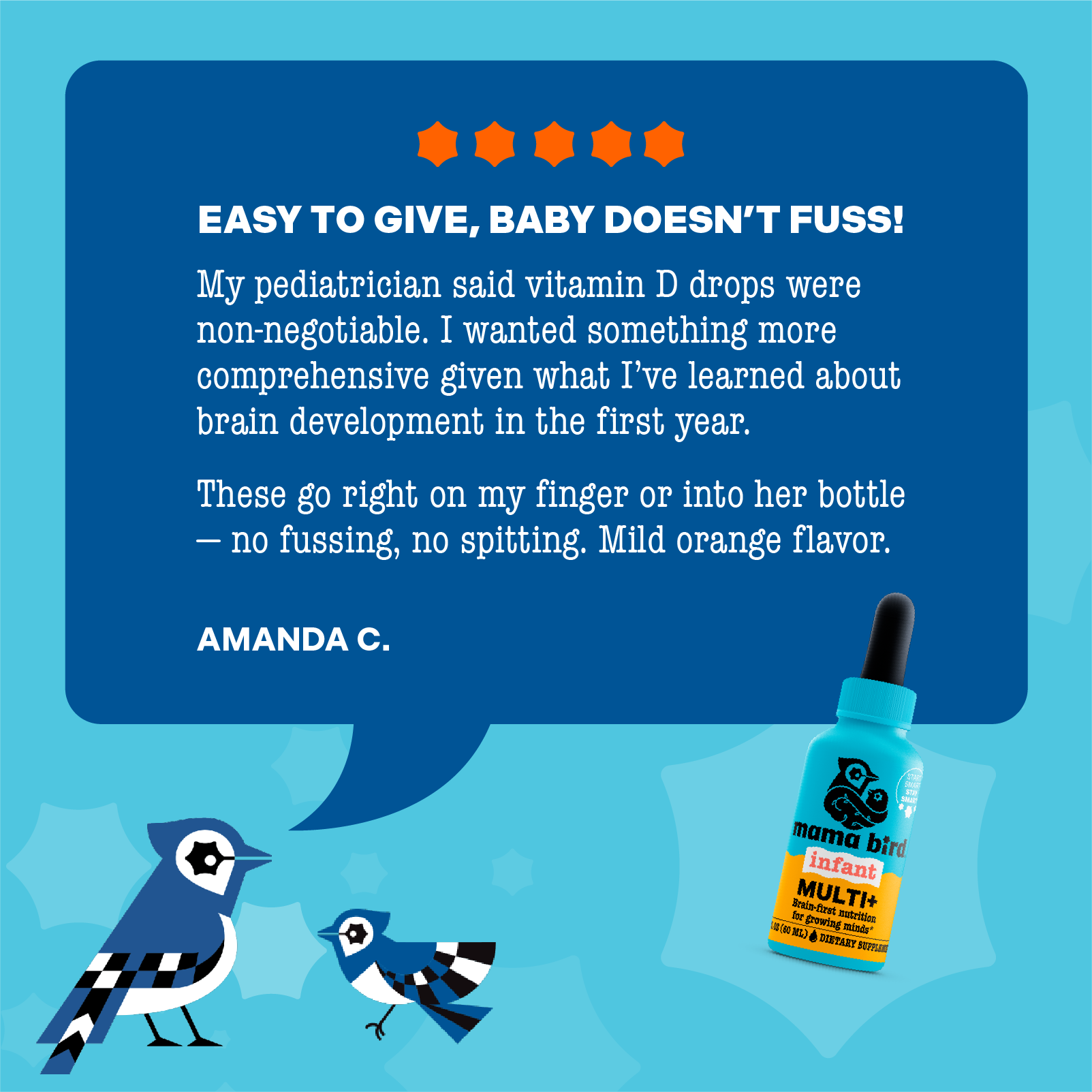 Product advertisement with a bottle of vitamin D drops, text, and cartoon birds on a blue background.