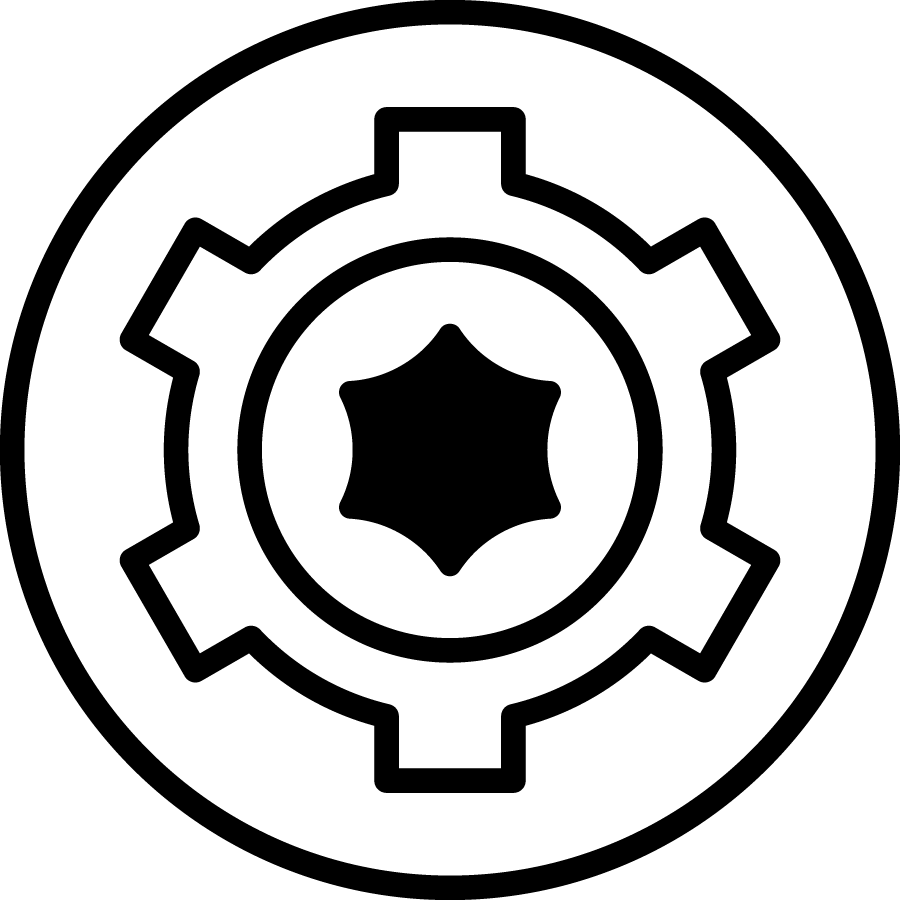 Black gear icon on a white background