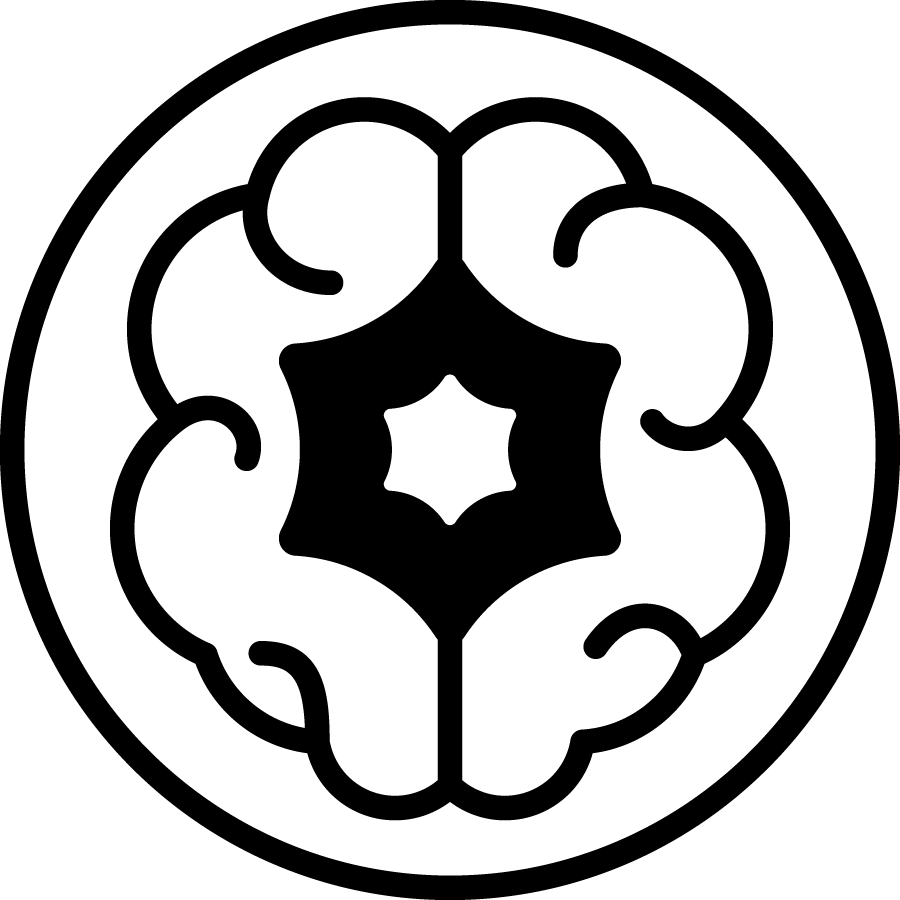 Decorative black emblem with a star-like center on a white background