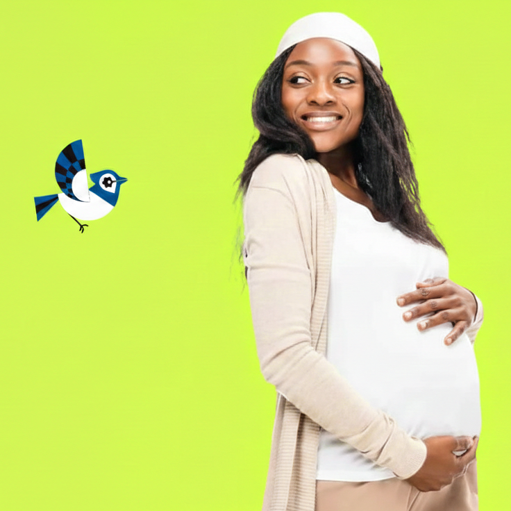 Pregnant woman smiling and holding her belly against a bright green background with a bird illustration in the corner.