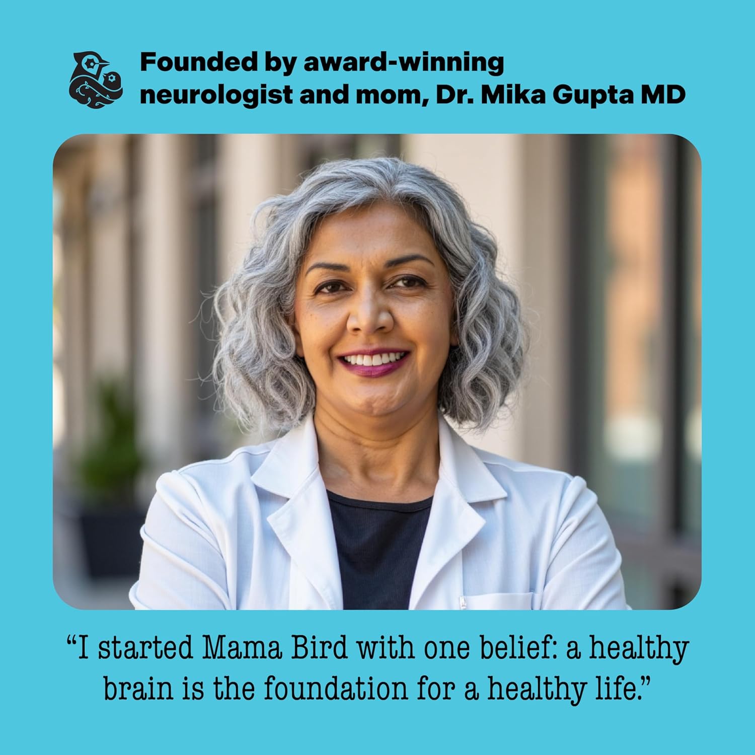Dr. Mika Gupta promotes Mama Bird Prenatal Multi+ (Iodine & Iron Free) for brain development, featuring bioactive nutrients and a gentle, nausea-reducing formula.