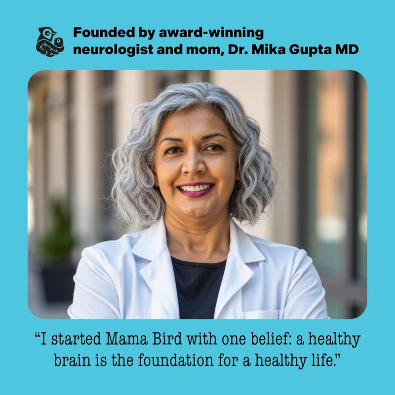Dr. Mika Gupta promotes Mama Bird Prenatal Multi+ (Iodine & Iron Free) for brain development, featuring bioactive nutrients and a gentle, nausea-reducing formula.