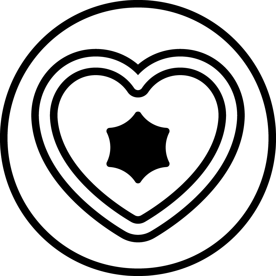 Black heart symbol with a neuron in the center, surrounded by concentric circles on a white background