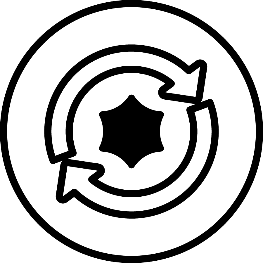 Black icon of a neuron with a circular arrow inside on a white background