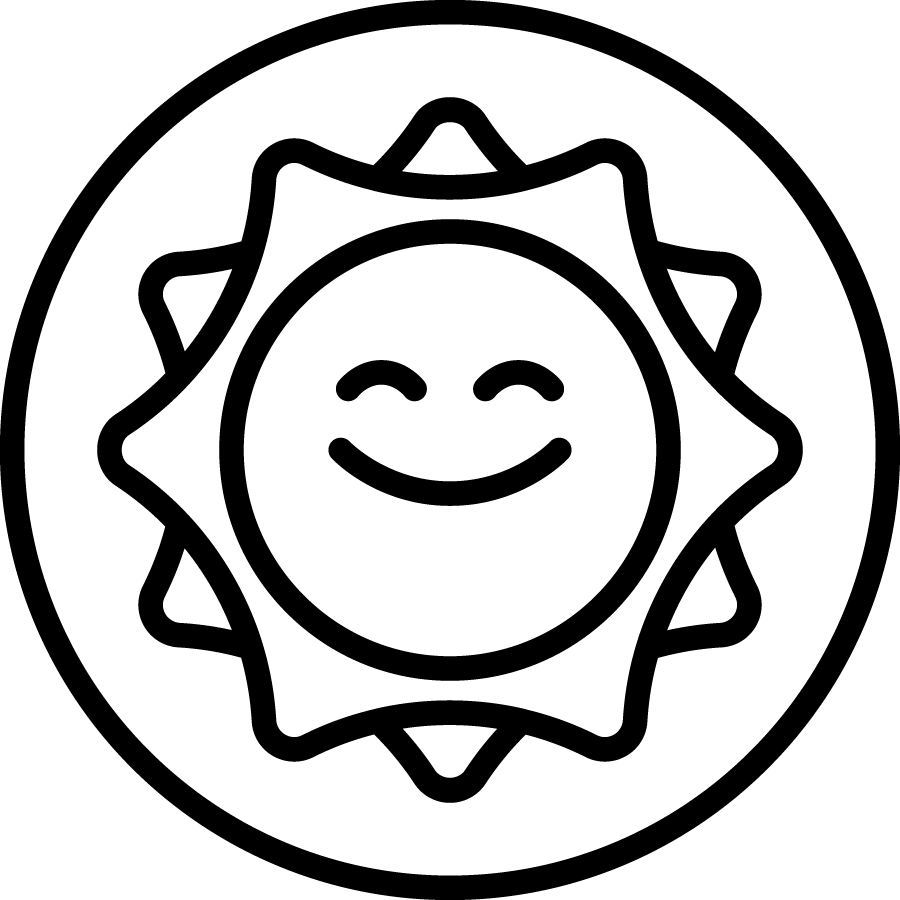 Black outline of a sun with a smiling face inside a circle on a white background