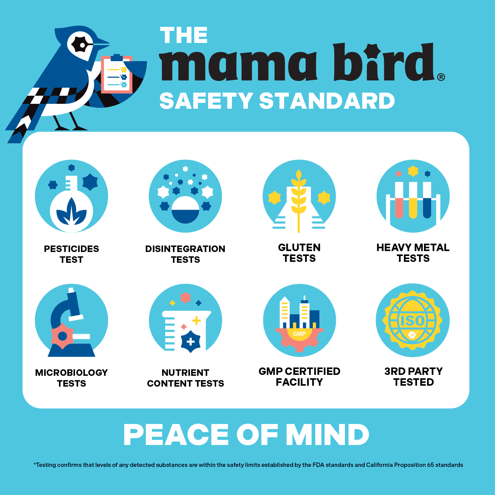 Mama Bird Safety Standard infographic with various test icons on a blue background