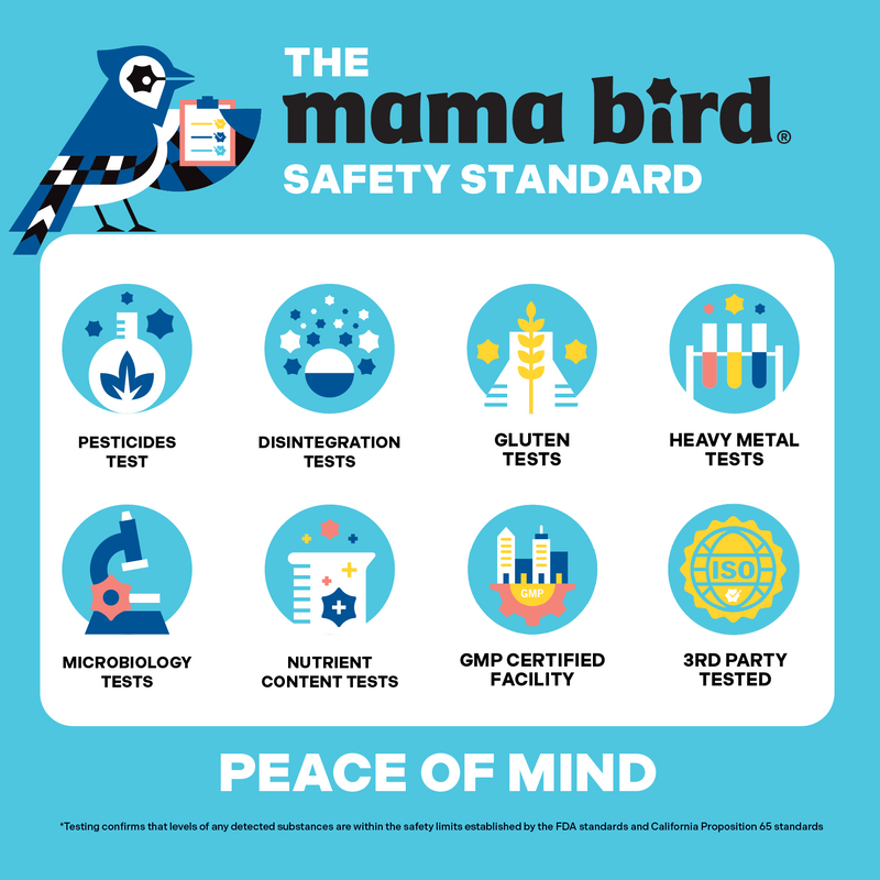 Mama Bird Safety Standard infographic with various test icons on a blue background