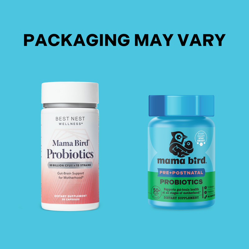 First 1000 Days Prenatal Bundle featuring Mama Bird probiotics for gut-brain support and pre+postnatal probiotics for comprehensive motherhood care, each offering 50 billion CFU.