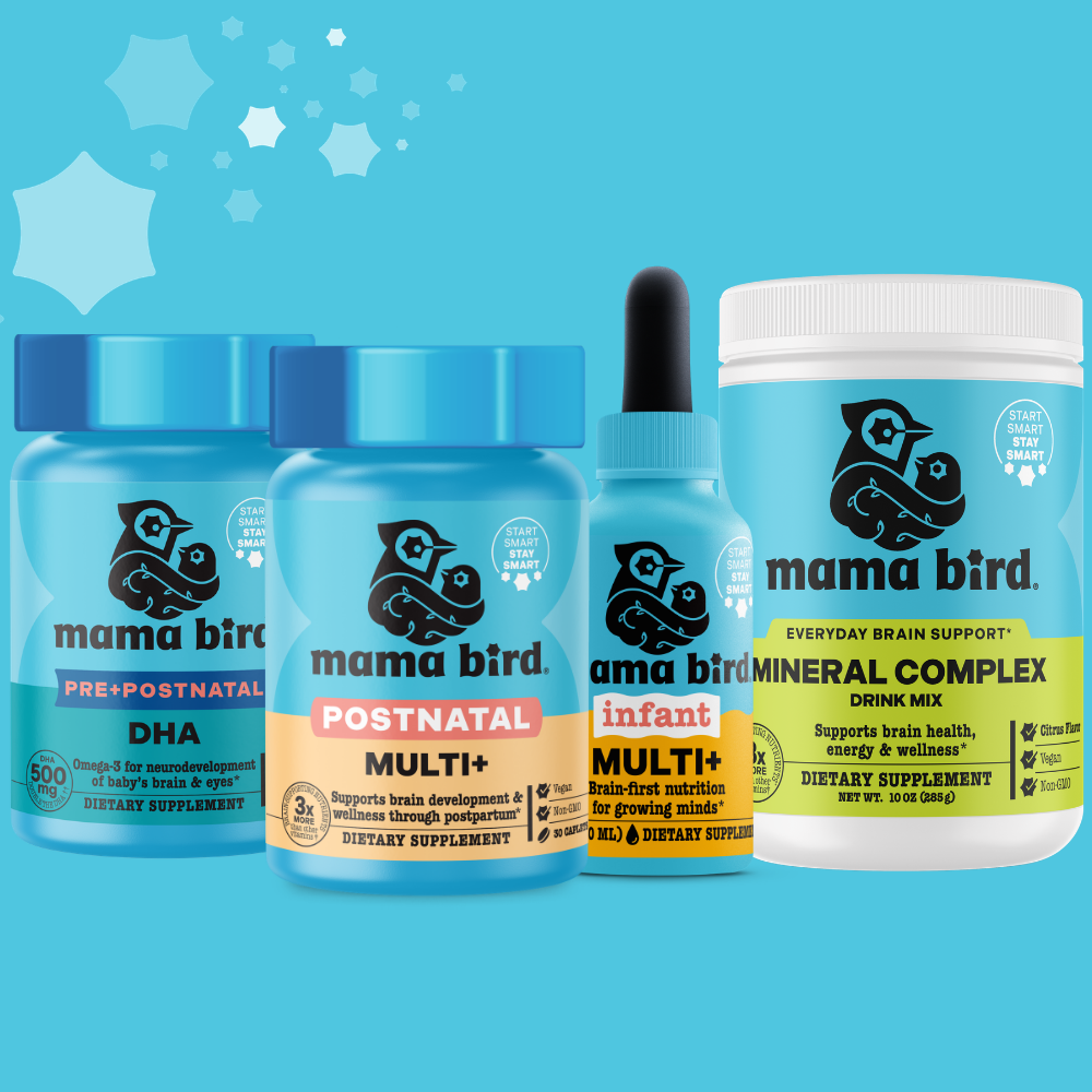 Mama Bird Postnatal Foundation Set + Infant Multi: Postnatal Multi+, Pre+Postnatal DHA, Choline + Mineral Complex, and Infant Multi+.