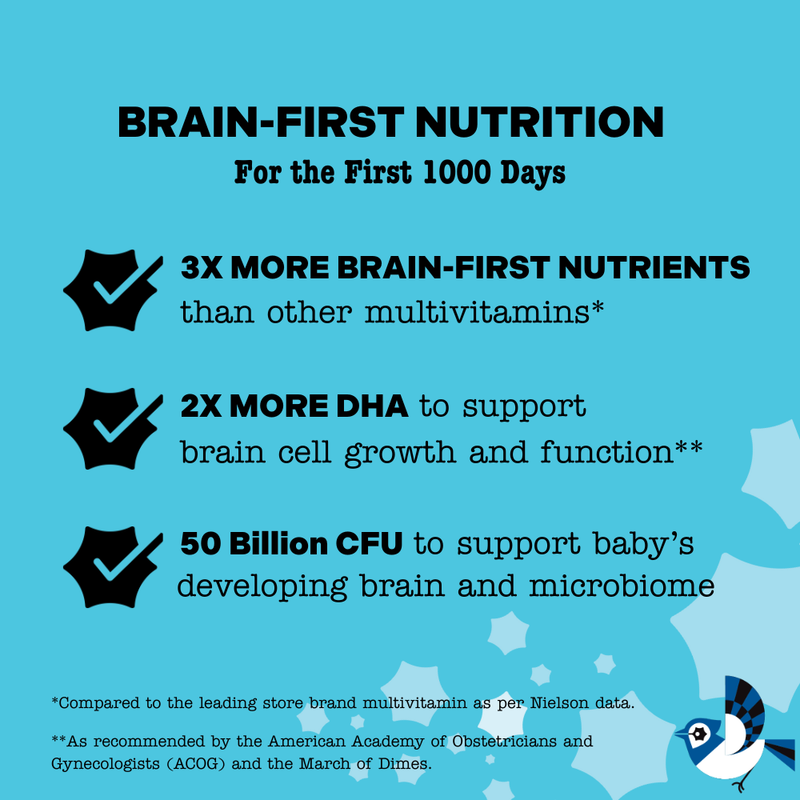 Advertisement for 'Brain-First Nutrition' for Mama Bird with claims on vitamins and DHA on a blue background.