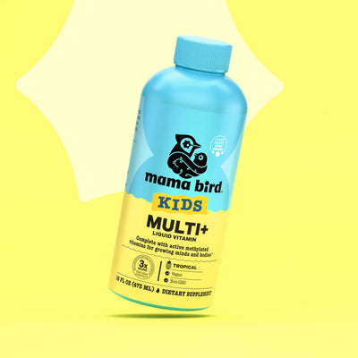 Mama Bird Kids Multi+ liquid vitamin bottle on a yellow background