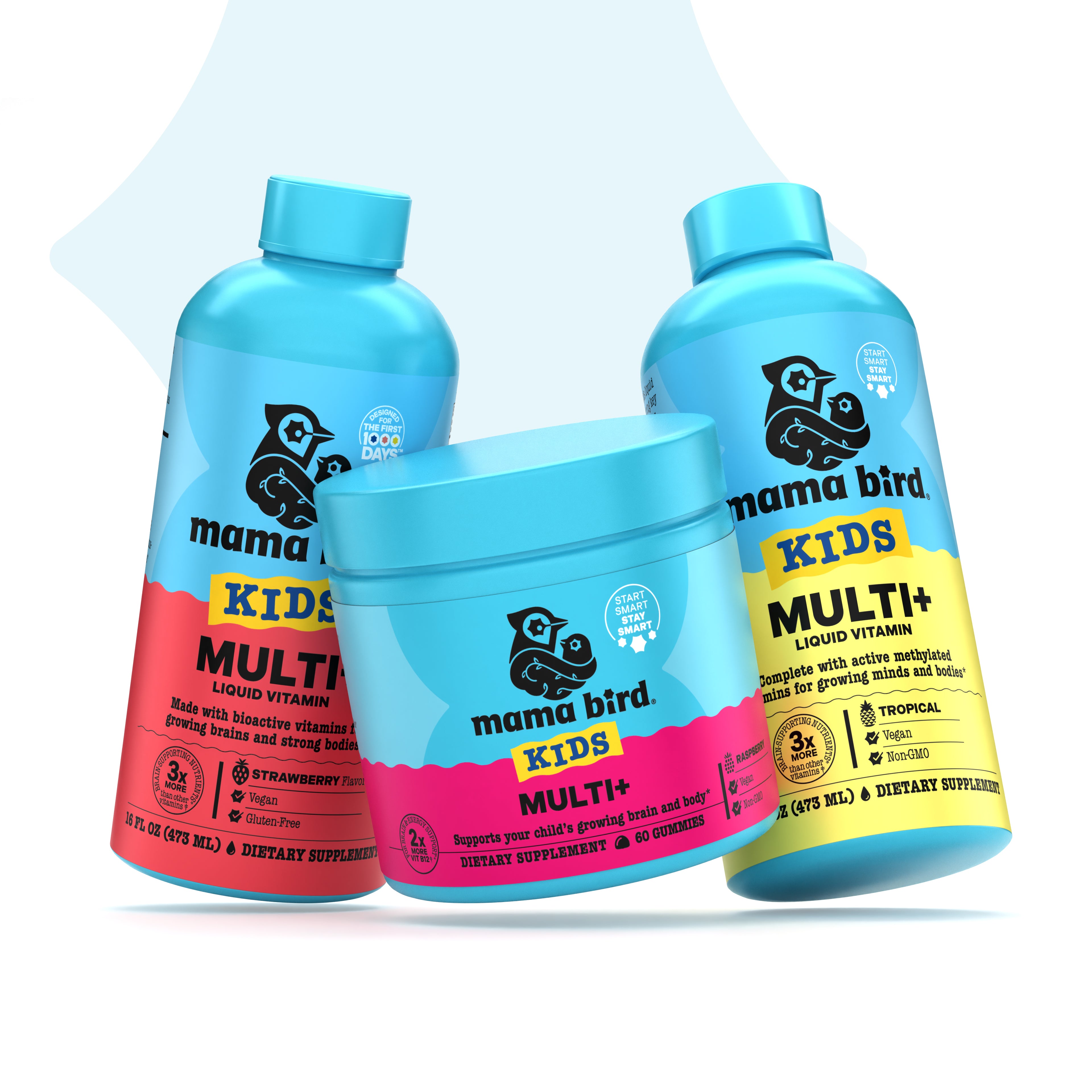 Kids Sampler Bundle: Three Mama Bird KIDS MULTI+ containers—two liquid bottles (strawberry, tropical) and raspberry gummies—supporting brain development with vegan, gluten-free, non-GMO vitamins.