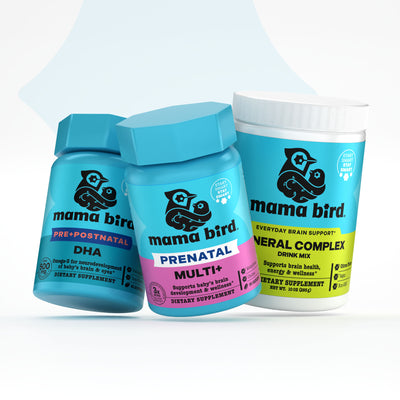 Three Mama Bird supplement containers on a white background. Pre+Postnatal DHA PrenatalMulti + Mineral Complex Drink Mix