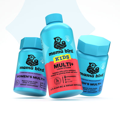 Three Mama Bird supplement bottles on a white background. Kids Multi + Womens Multi + Mens Multi +