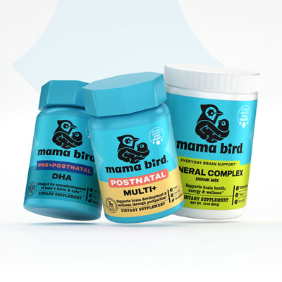 Three Mama Bird supplement containers on a white background. Pre+Postnatal DHA Postnatal Multi+ Mineral Complex Drink Mix